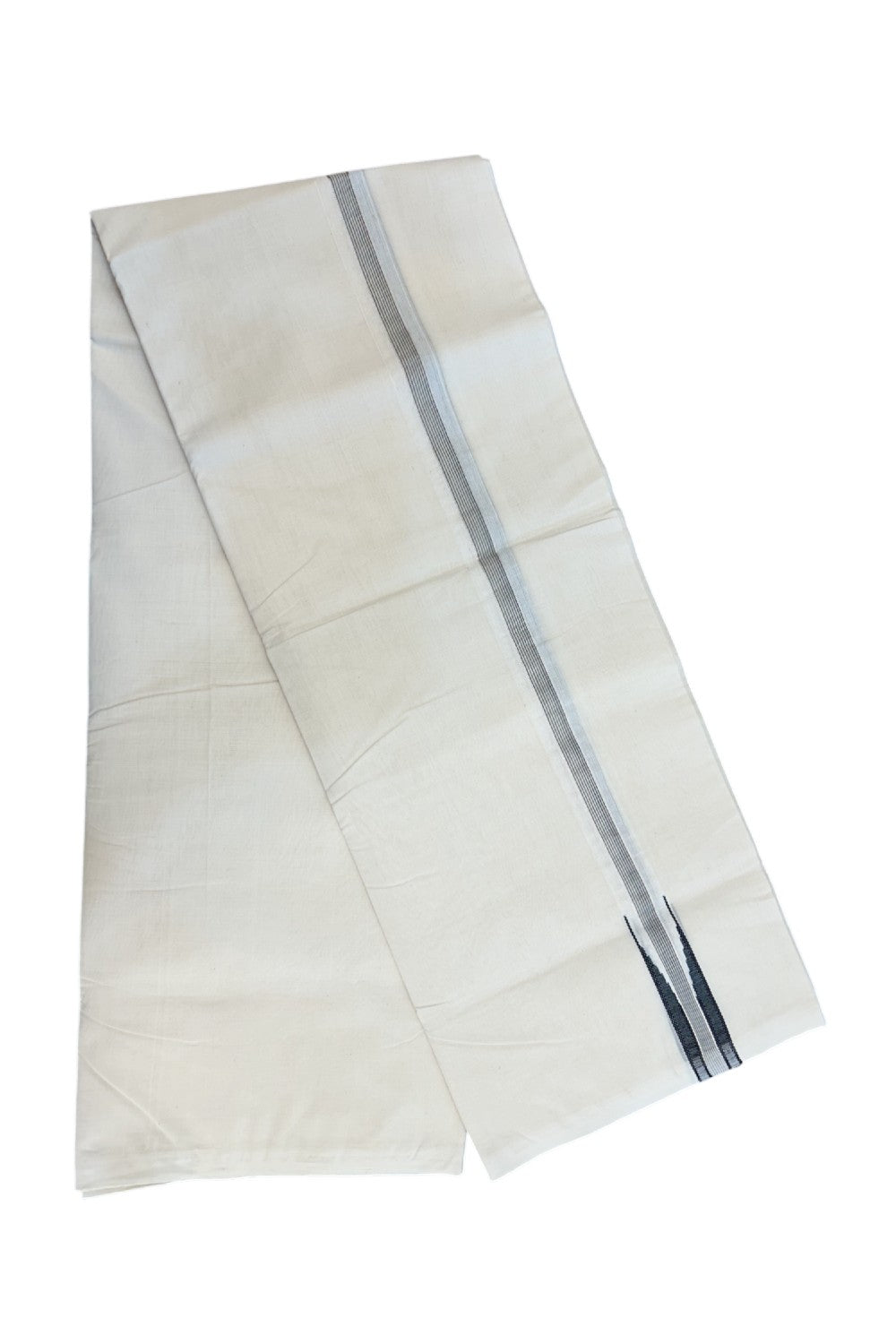 25% DISCOUNT!! KaithariKada HANDLOOM MILLPAAV Balaramapuram - 100% PURE Cotton OFF White Double - (Unbleached) Mundu/Dothi - 80X90 - 1 inch Puliyilakkara Black & Silver Kasavu Stripes chutty Kara 4 mtr (8.5 Muzham)- 11KK5234 RAM