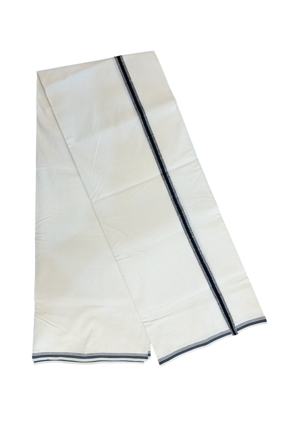 20% Discount!! KaithariKada Balaramapuram 100% COTTON SINGLE OFF WHITE - (Unbleached) Mundu/Dhoti - 100X100 -0.75 inch Silver Kasavu & Black Striped Kara(2 meter / 4 muzham) - 12KK5238 ASH