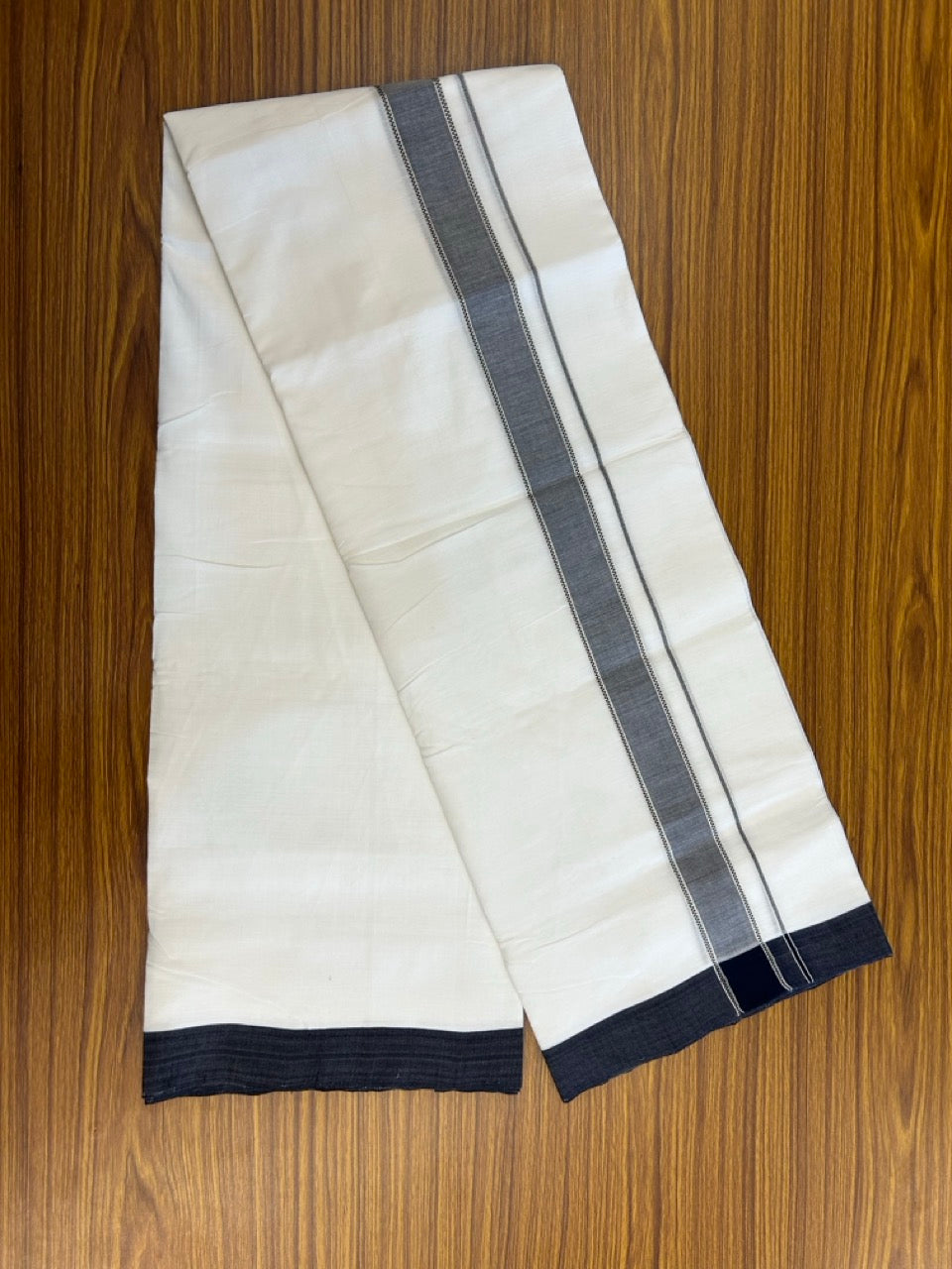 25% Discount!! NEW ULTRA PURE WHITE THREAD HANDLOOM Balaramapuram - 100% MERCERISED Cotton Double Mundu/Dhoti - 120 twisted warp x 80s weft - Navy Blue Silver Kasav Kara- 11KK5248 REA