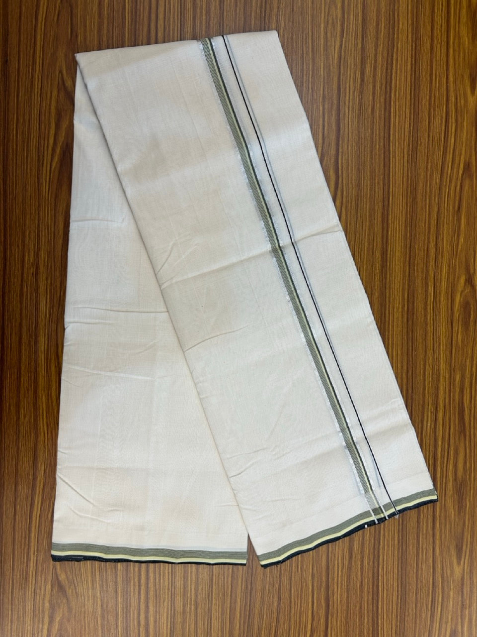 25% DISCOUNT!! KaithariKada HANDLOOM UNAKKUPAAV Balaramapuram - 100% PURE Cotton OFF White - (Unbleached) Double Mundu/Dothi - 120 x 100 - 0.75 inch Black & Light Green Silver Kasav Striped Kara 4 meter - 11 KK5249 REA