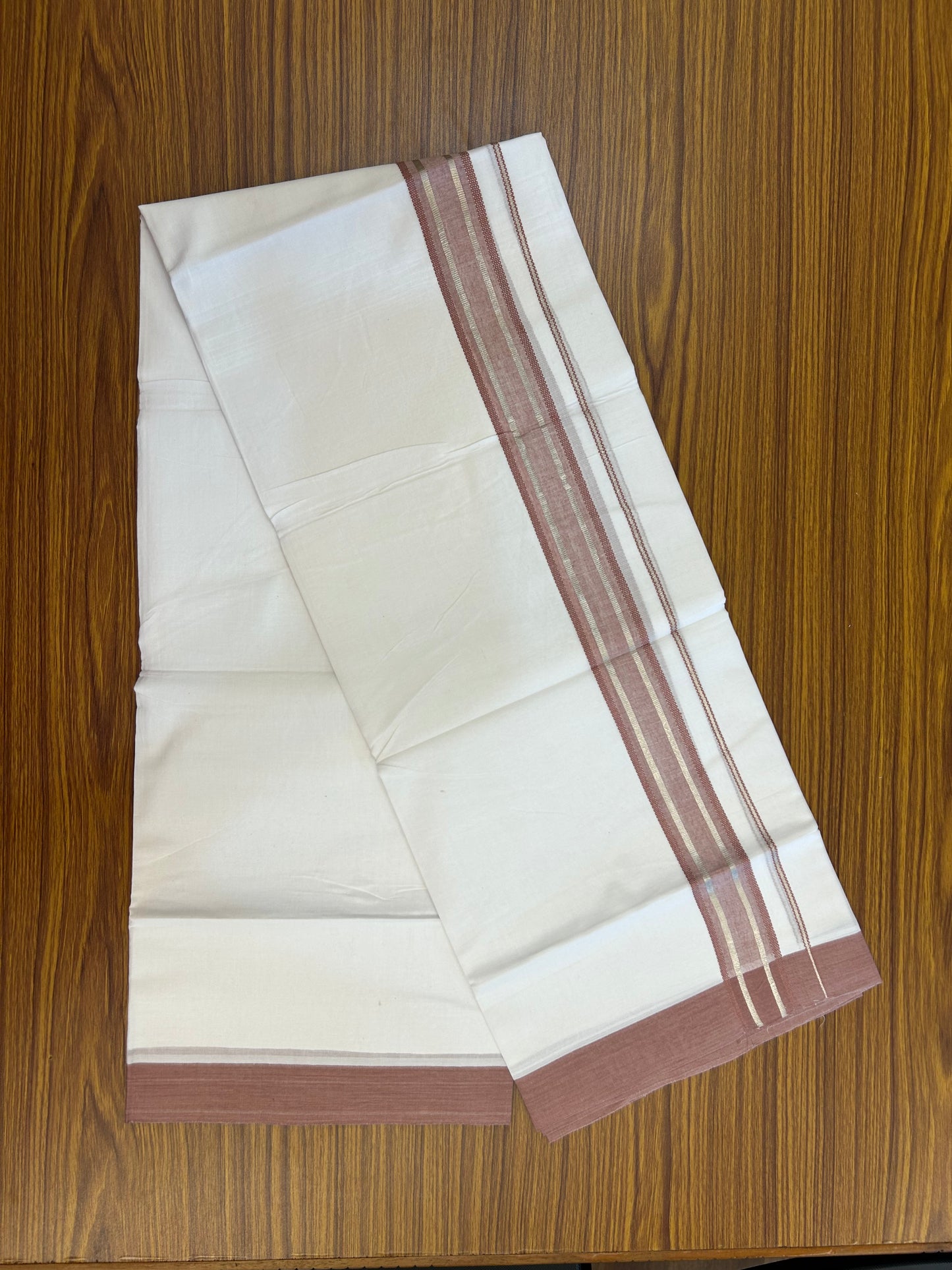 Short Dhoti Special - 28% Discount ! KaithariKada 100% Cotton Pure White Double Mundu / Dhoti - 100x80 - 45 inch Height 3.80 m Length 1.5 inch Brown Maroon Silver Kasav kara - 11 KK5258 THI
