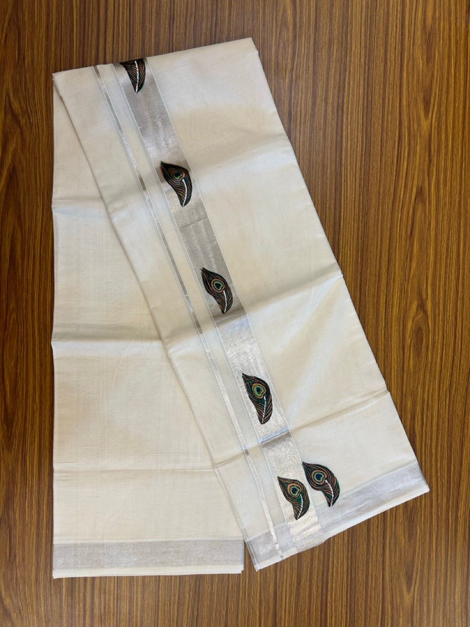 24% Discount! KaithariKada 100% Cotton Double Off white - (Ubleached) Mundu / Dhoti - 100x80 1.5 inch Silver Kasavu & Hand Painted Peacock - 11 KK5259 CKS