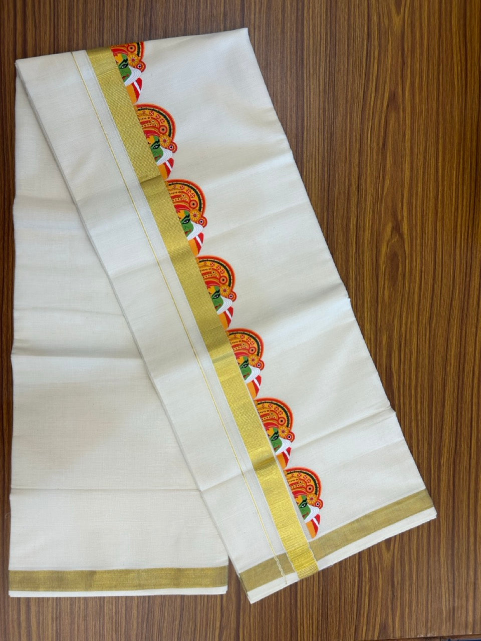 25% Discount!! KaithariKada Balaramapuram Mixed Cotton Double Off white - (Ubleached) Mundu/Dhoti - 80x72 - 1 inch Kasavu & Kathakali Printed Design Kara - 11 KK5262 MUT