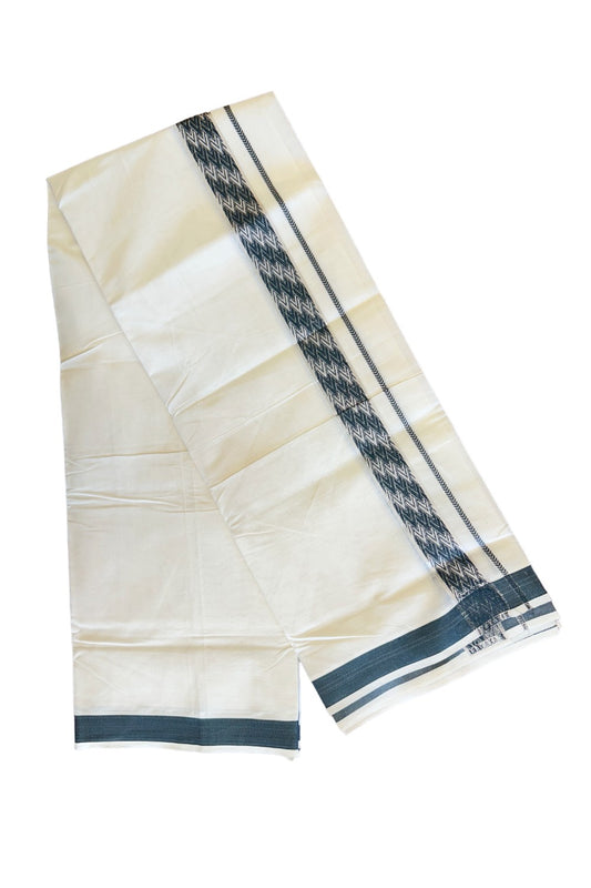 21% Discount! KaithariKada Balaramapuram 100%  Cotton off white (Unbleached) Double  Mundu/Dhoti - 100X100 Silver kasavu Dark green designer kara - 11KK78PMC