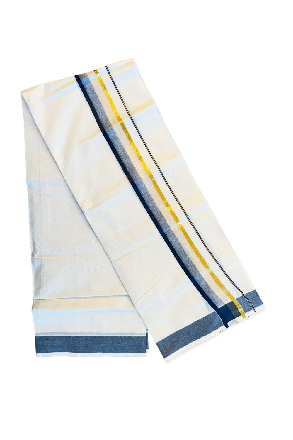 16% DISCOUNT!!! KaithariKada Balaramapuram 100% Cotton off white - (Unbleached) Double Mundu/Dhoti - 100X100 navy blue & kasavu shaded kara - 11KK82VIN