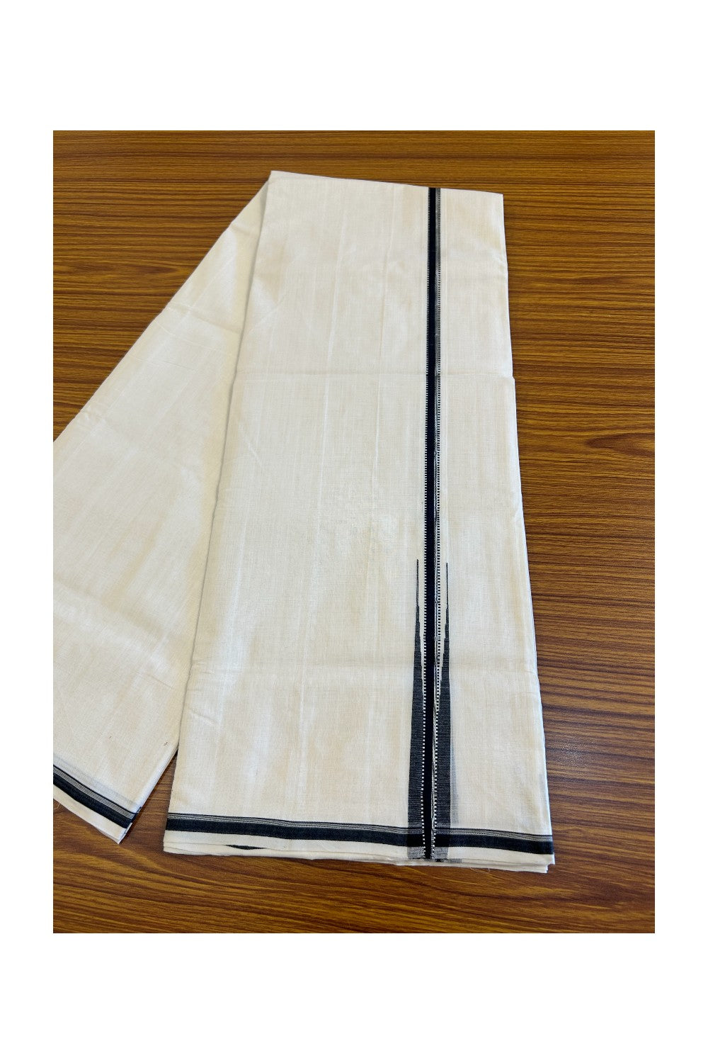 25% DISCOUNT!! KaithariKada HANDLOOM UNAKKUPAAV Balaramapuram - 100% PURE Cotton OFF White - (Unbleached) Double Mundu/Dothi - 2.5 cm Black & Silver side stripes puliyilakkara chutty - 11KK476RAM