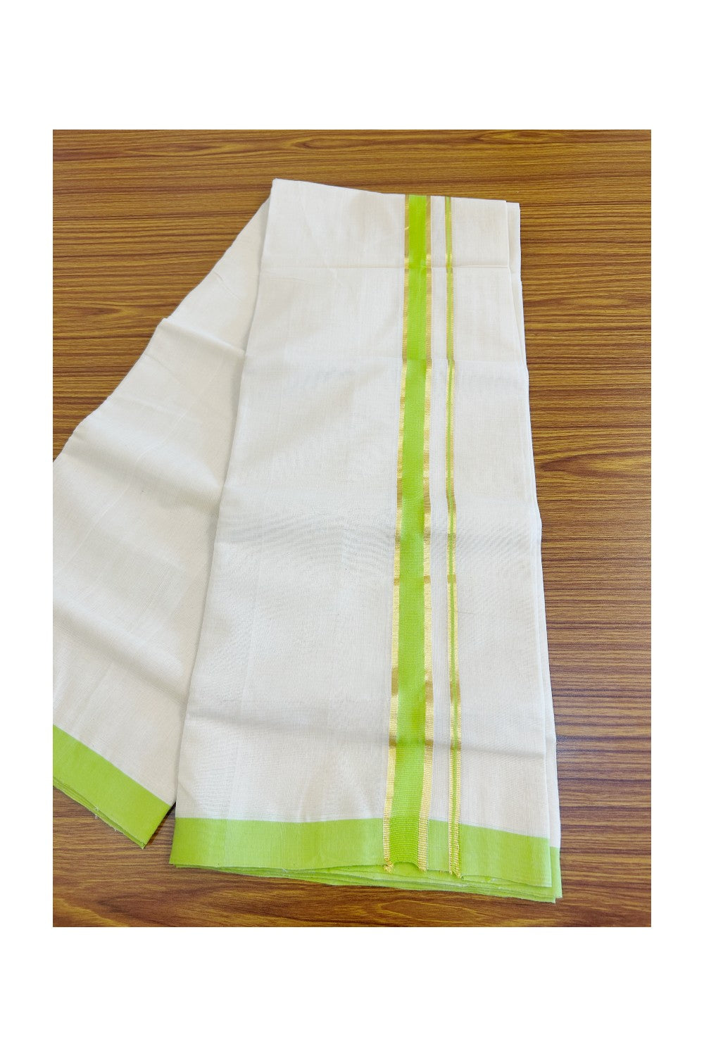 30% Discount KaithariKada HANDLOOM Unakkupaav Balaramapuram - 100% PURE Cotton Off White - (Unbleached) Double Mundu/Dhoti - 1.85 inch Kasavu & Light Green Kara- 11KK498KK