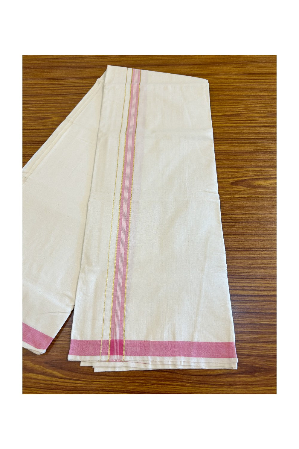 25% Discount KaithariKada 100% Cotton Balaramapuram HANDLOOM Single Mundu/Dhoti - Off White (Unbleached) 1.25 inch Kasavu & Pink Striped Kara (2 meter / 4 muzham) - 11KK499KK