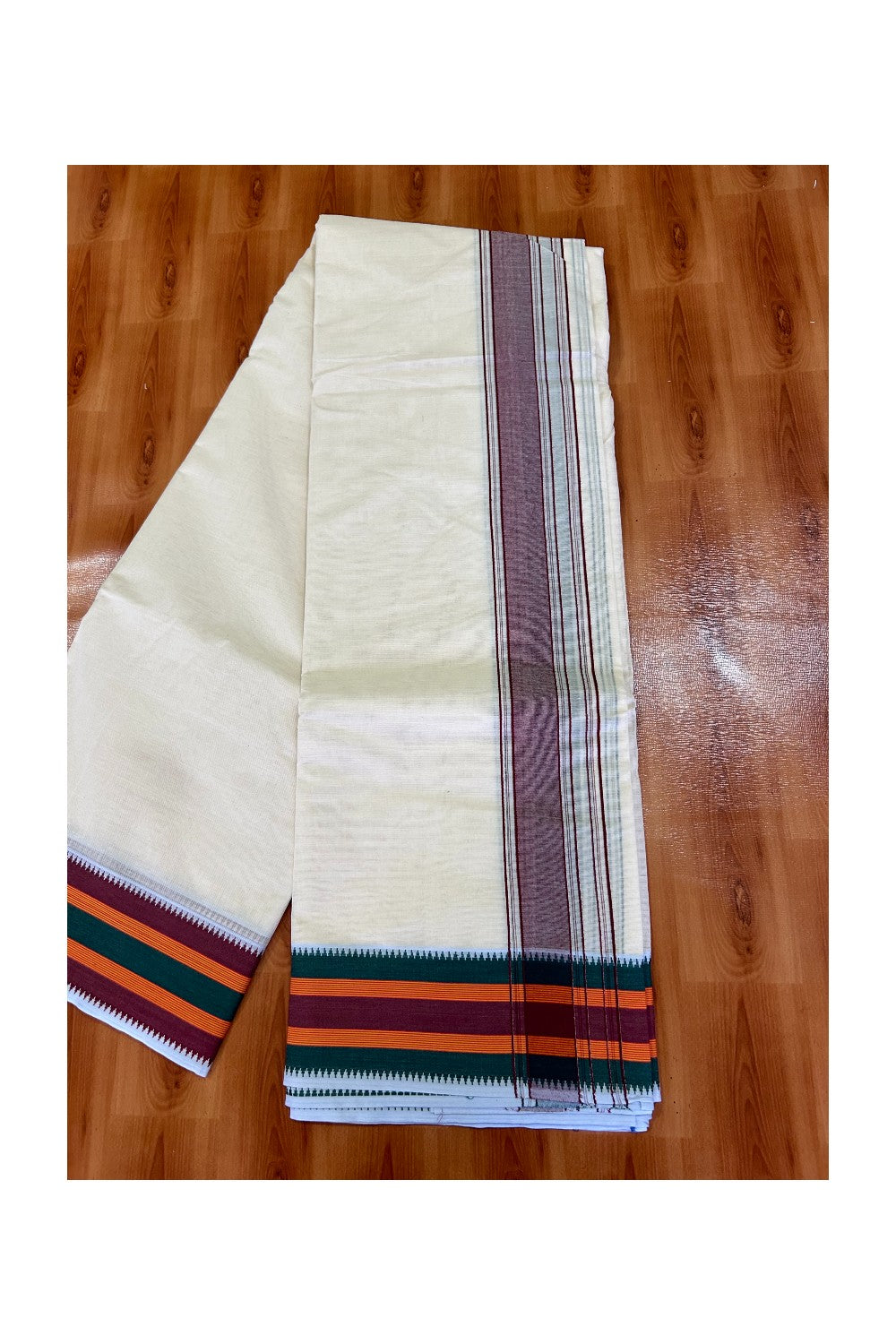 37% DISCOUNT! KaithariKada 100% Cotton Off White - (Unbleached) - Pure Cotton -100x100 thread - NORTH INDIAN - ATTACHED GAMCHA 10x6 Dhoti Maroon kara with Green Orange & Maroon border - 11KK5004PMC
