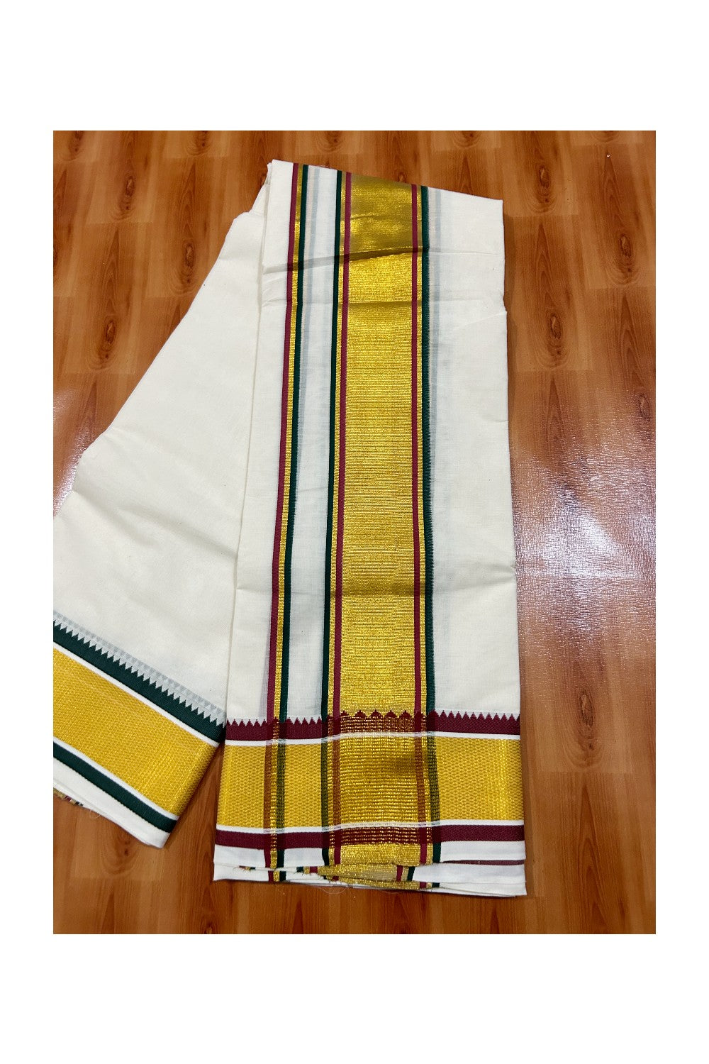 36% DISCOUNT! KaithariKada Cotton Mix Off White - (Unbleached) - 80x80 thread - 80% Cotton & 20% Polyester - NORTH INDIAN - ATTACHED GAMCHA 9X5 Dhoti 5 inch Kasavu Green Magenta kara with Green & Maroon Kasavu border - 11KK5005PMC
