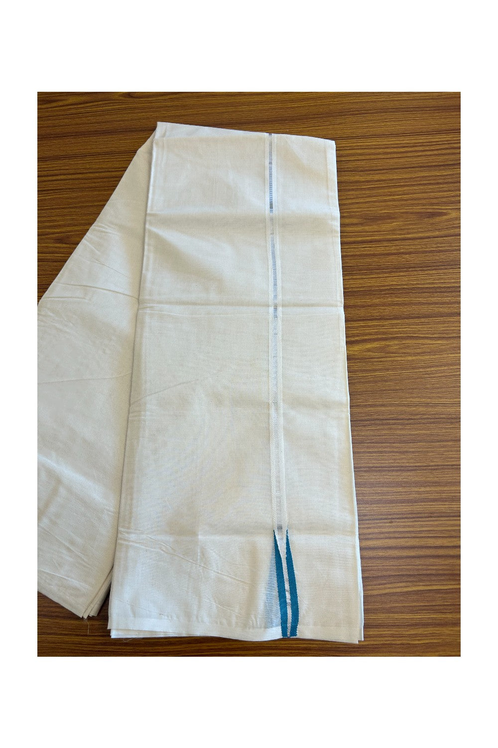 18% Discount KaithariKada Balaramapuram 100% Cotton Double Off White - (Unbleached) - Mundu/Dhoti-100x100 - 1.5cm Silver Kasavu & Blue Green Chutty - 186