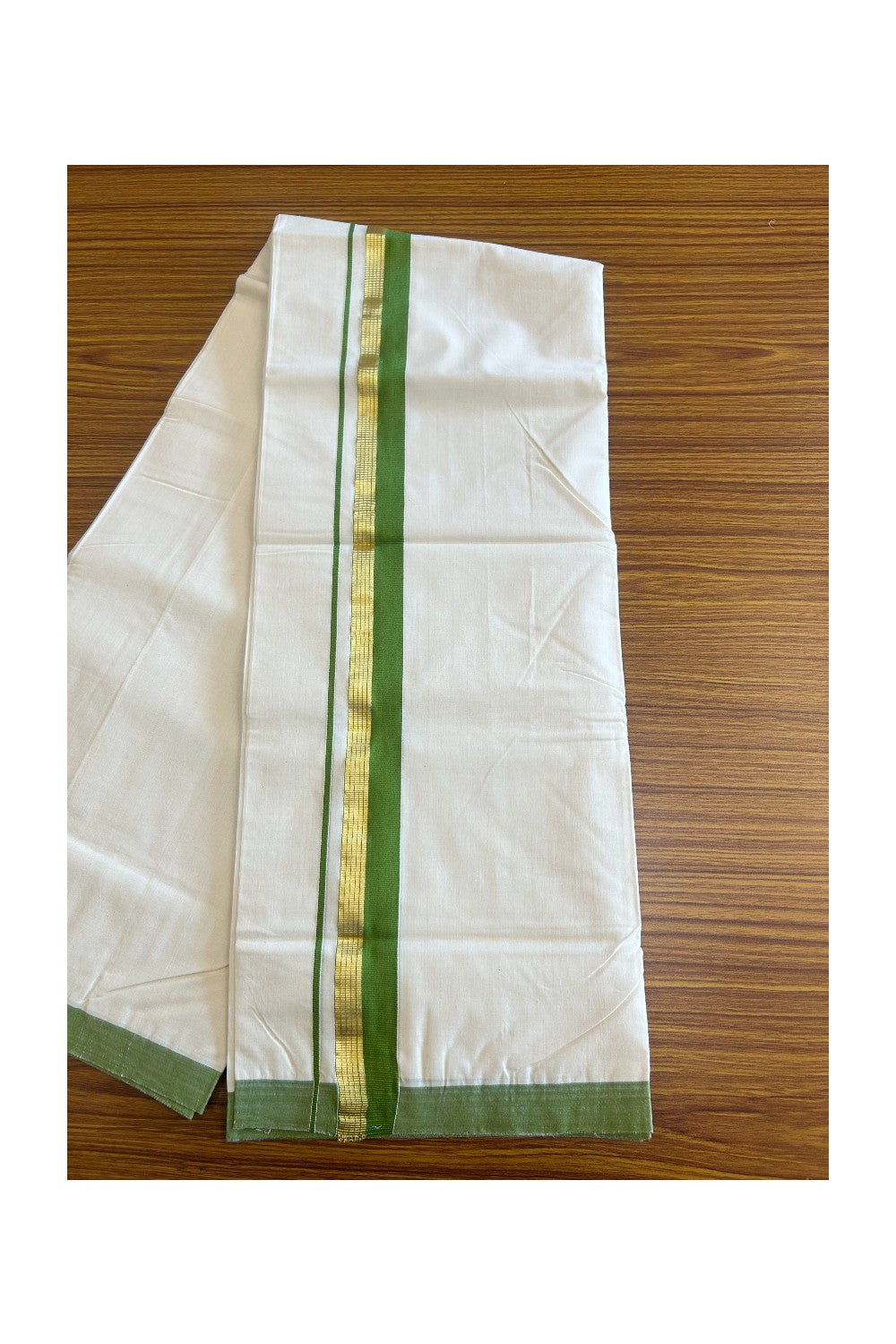 25% DISCOUNT! KaithariKada HANDLOOM Millpaav Balaramapuram - 100% PURE Cotton Off White (Unbleached)- Double Mundu/Dhoti - GREEN 1.5 inch KASAVU STRIPES KARA - 2.