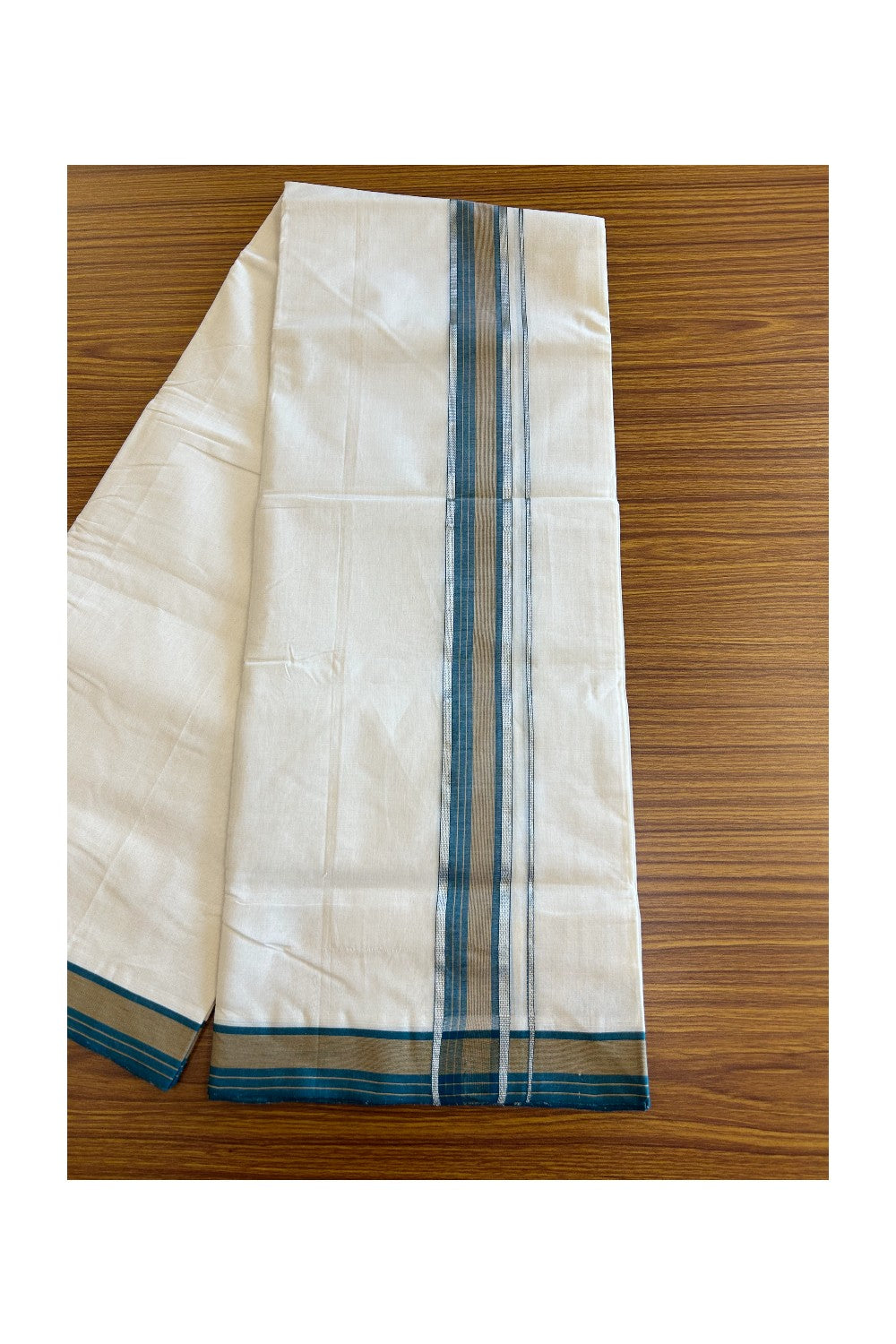 25% Discount !! KaithariKada HANDLOOM UNAKKUPAAV Balaramapuram - 100% PURE Cotton off white - (Unbleached) Double Mundu/Dhoti - 2.25 inch Silver kasavu Brown & Peacock Green Striped kara - 11KK5082RAM