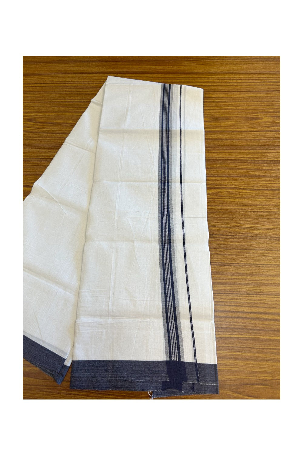 8% DISCOUNT ! KaithariKada Balaramapuram 100% Cotton Pure white Single Mundu/Dhoti - (40S) - 1.75 inch Navy Blue Striped Kara (2 meter / 4 muzham) - 11KK5115THI.