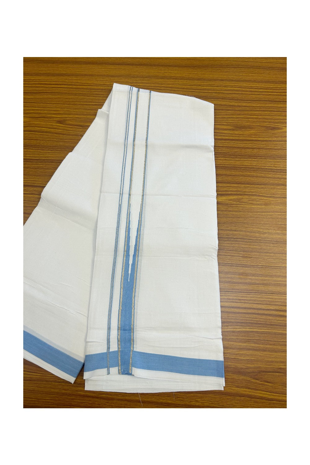 25% DISCOUNT! KaithariKada Balaramapuram 100% Mercerised Cotton Double ULTRA PURE white Mundu/Dhoti -120x120 - 1.25 inch Heavy Chutty Silver Kasavu & Light Blue Kara -11KK5139THI