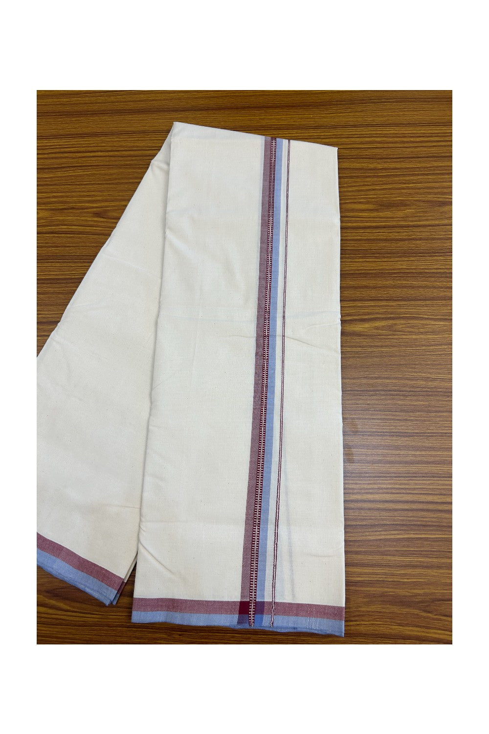 30%DISCOUNT!! SIGNATURE KAITHARIKADA EXCLUSIVE SINGLE DHOTI - 100% Cotton Balaramapuram HANDLOOM Single Mundu/Dhoti - Off White - (Unbleached) 1 inch Maroon Lavender & Silver Kasavu Striped Kara (2 meter / 4 muzham)- 11KK5173KAI
