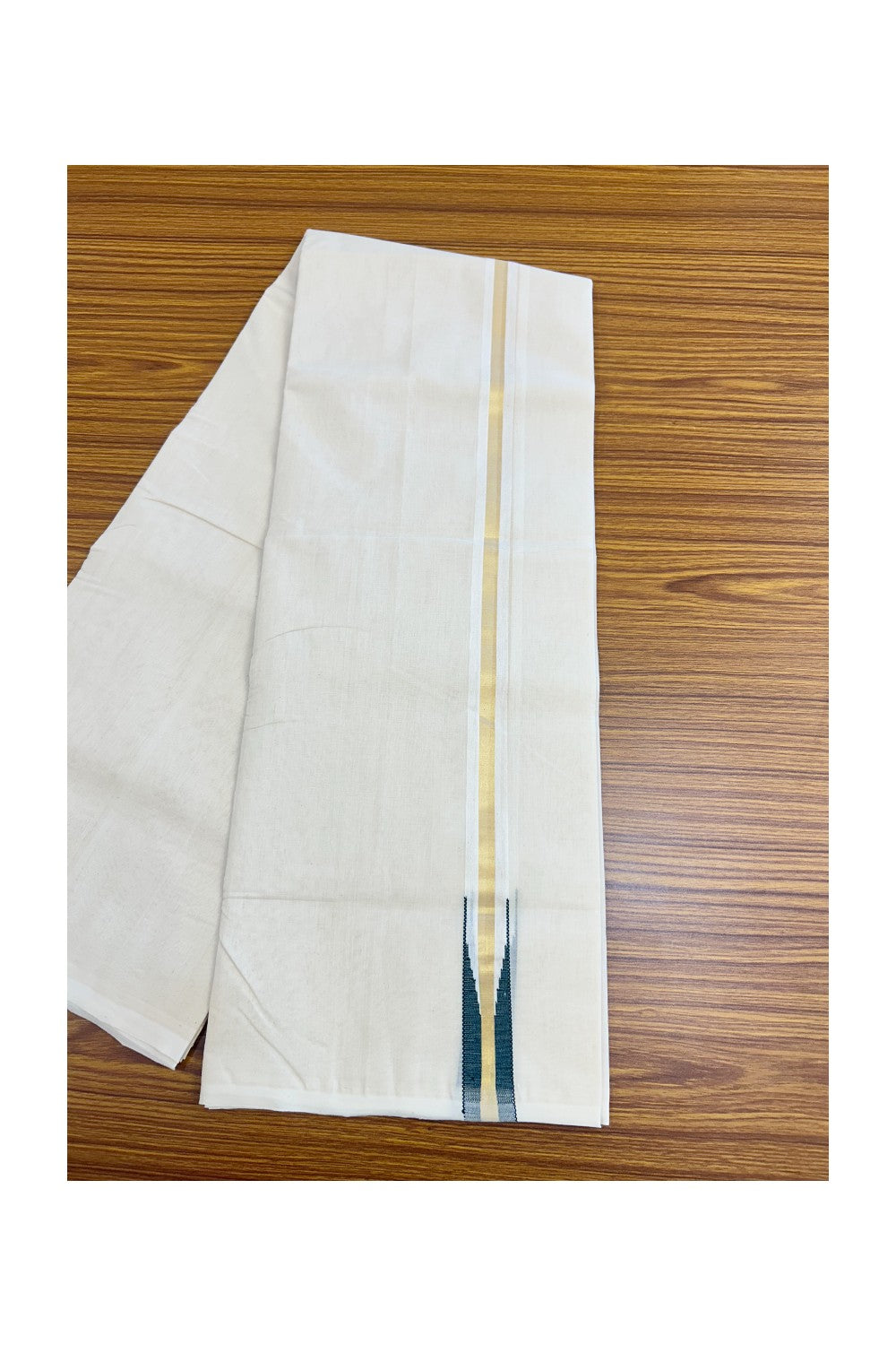 25% DISCOUNT!! KaithariKada HANDLOOM MILPAAV Balaramapuram - 100% PURE Cotton OFF White Double - (Unbleached) Mundu/Dothi - 100x100 - 1 Inch Kasavu Green chutty Kara - 11KK5177RAM
