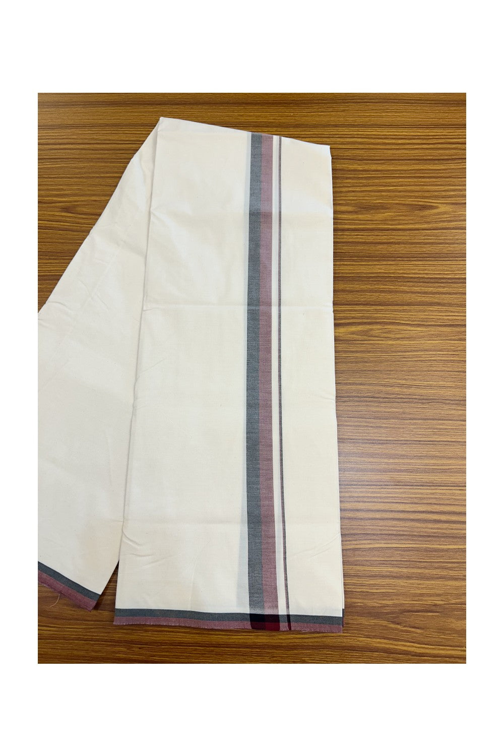 DMK Veshti - 10% DISCOUNT ! KaithariKada Balaramapuram 100% COTTON SINGLE OFF WHITE (Unbleached) Mundu/Dhoti-100X100 - 1.25 inch Puliyilakkara Maroon & Black Shaded Kara (2 meter / 4 muzham) - 11KK5178ASH