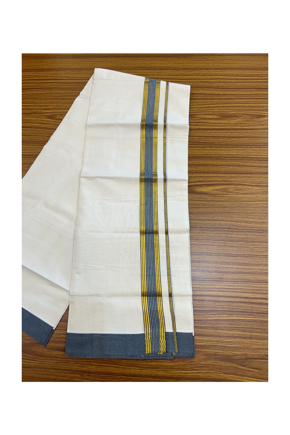 20% DISCOUNT! KaithariKada Balaramapuram Double OFF WHITE Mundu/Dhoti - 80x80- 1.5 Inch Gold Kasavu & Ash Blue Shaded striped Kara - 11KK5182VAS
