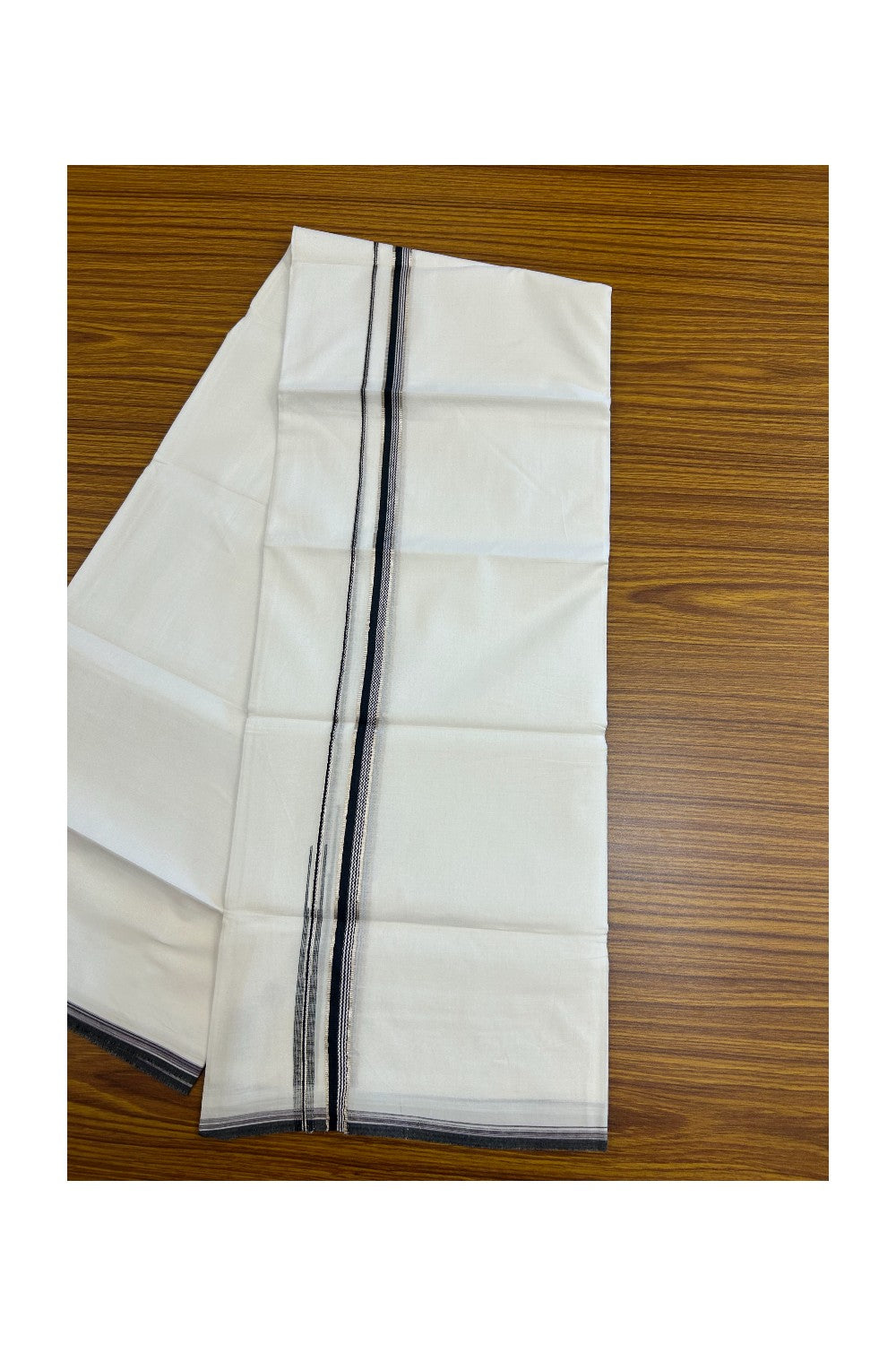 20% Discount !! Kaitharikada Balaramapuram 100% Cotton PURE WHITE DOUBLE Mundu/Dothi- 100X80 Thread - 0.5 inch - Silver Kasavu Navy Blue & Purple Design Chutty Kara - 11KK5184RAMS