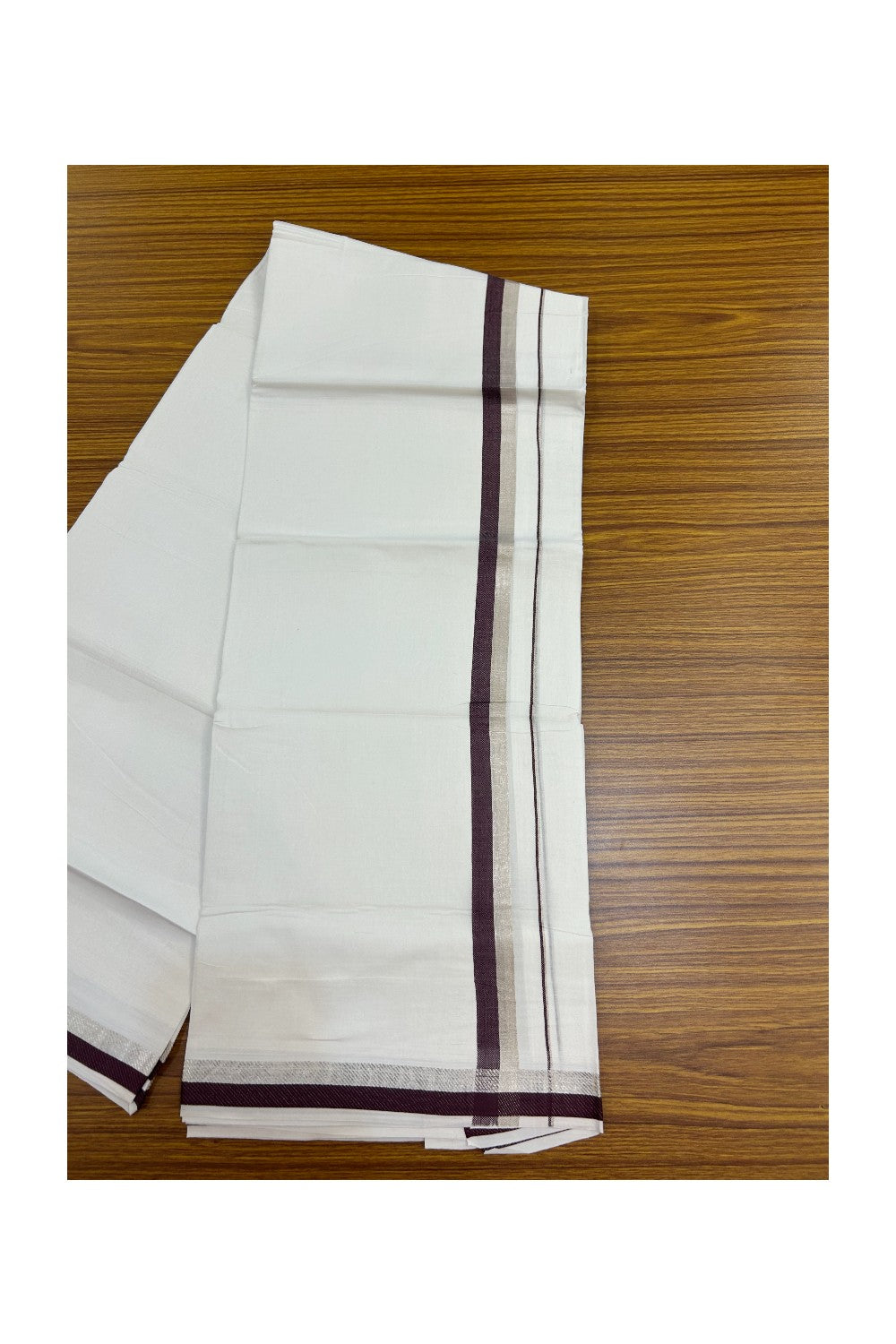 20% Discount !! Kaitharikada Balaramapuram 100% Cotton PURE WHITE Double Mundu/Dothi - 100x100 - 1 inch Silver Kasavu & Grape Wine Kara - 11KK5191CKS