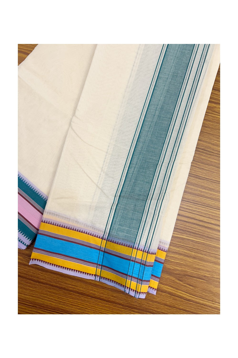 20% DISCOUNT! KaithariKada 100% Cotton Off White - (Unbleached) - Pure Cotton -100x100 thread - NORTH INDIAN - ATTACHED GAMCHA 9X5 Dhoti Green kara with Yellow Maroon & Pink Green Striped border- 11KK5196PMC
