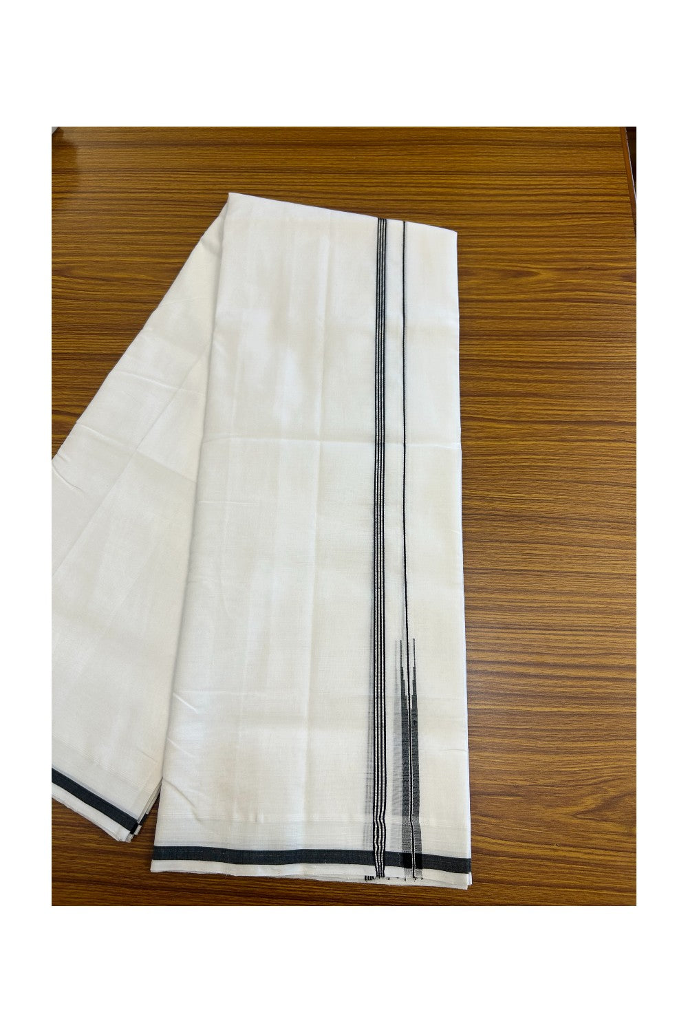 25% Discount!! NEW ULTRA PURE WHITE HANDLOOM Balaramapuram - 100% Mercerised Cotton Double Mundu/Dhoti - 120 twisted warp x 80s weft - 0.25 inch Puliyilakkara Black & Silver Kasavu Striped Chutty Kara- 11KK5200REA