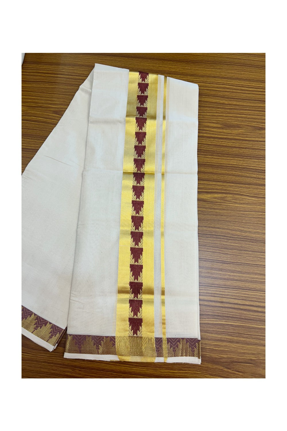 25% DISCOUNT ! KaithariKada HANDLOOM UNAKKUPAAV Balaramapuram - 100% PURE Cotton Off White - (Unbleached) Double Mundu/Dhoti - 2.75 inch Gold Kasavu & Maroon Temple Jacquard Design Kara - 11KK5208ABH