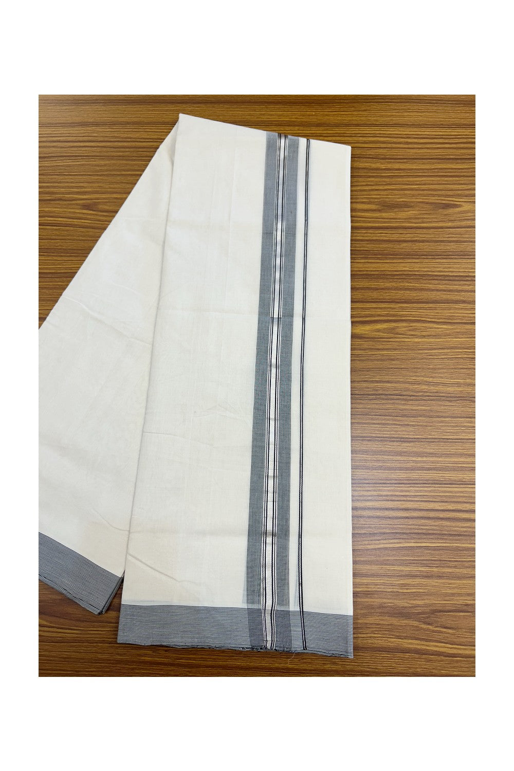 25% DISCOUNT!! KaithariKada HANDLOOM UNAKKUPAAV Balaramapuram - 100% PURE Cotton OFF White Double - (Unbleached)- Mundu/Dothi - 80X100 - 1.75 inch Black & Silver Kasavu Striped Kara - 11KK5209 REA