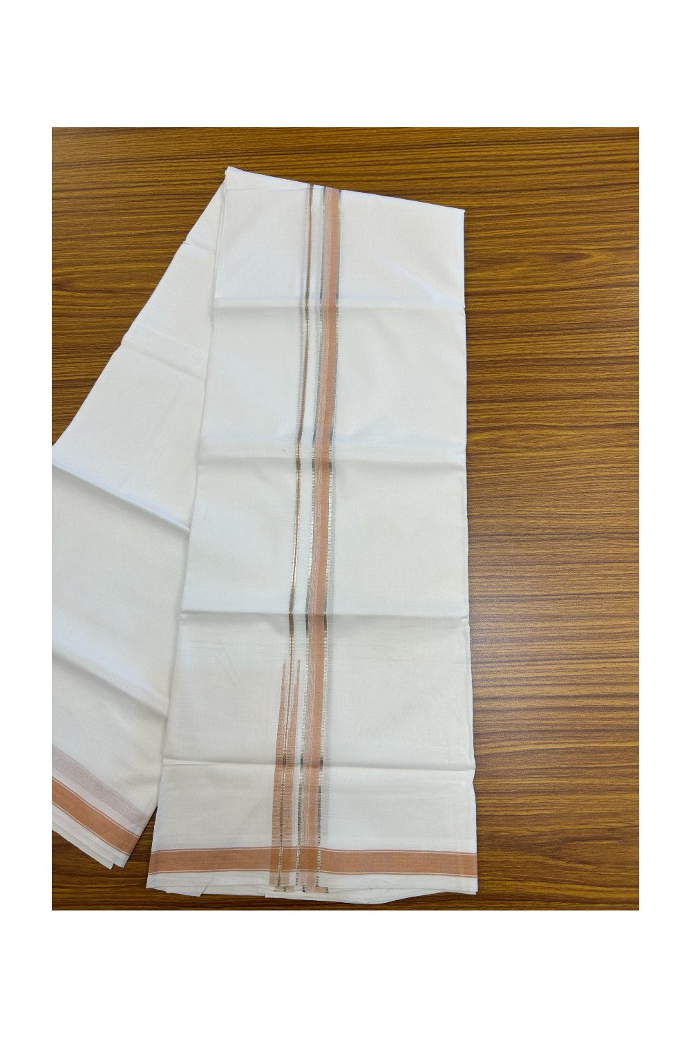 20% DISCOUNT!! Kaitharikada Balaramapuram 100% Pure Cotton PURE WHITE Double Mundu/Dothi - 100x80 - 0.75 Inch Pastel Orange & Silver shaded side Stipes Puliyilakkara Chutty - 11KK5217 CKS