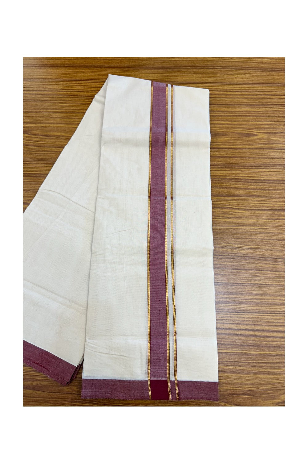 NEW !! 20% DISCOUNT!! KaithariKada Balaramapuram 100% Cotton Double Off white - (Unbleached) Mundu/Dhoti-100x80 - 1.5 inch Gold Kasavu & Maroon Shaded Striped KARA - 3.75 mtr (8 Muzham) - 11KK5218 ASH