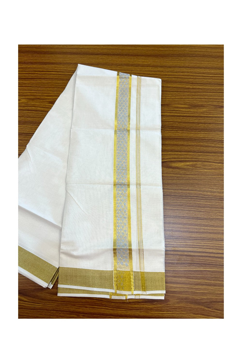 22% Discount!! KaithariKada Balaramapuram 100% Cotton DOUBLE OFF WHITE - (Ubleached) Mundu/Dhoti - 80x90 - 1.5 inch Gold Kasavu with Silver Printed Design Kara - 11KK5219 GAN