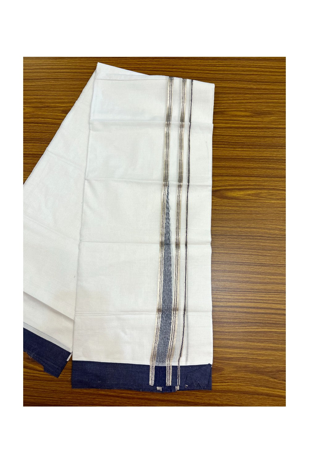 20% Discount ! Kaitharikada Balaramapuram 100% Cotton PURE WHITE DOUBLE Mundu/Dothi - 100x100 - 1.25 inch Puliyilakkara Navy Blue & Silver Kasav Stripes Chutty Kara 4 mtr (8.5 muzham) - 11KK5221 GAN