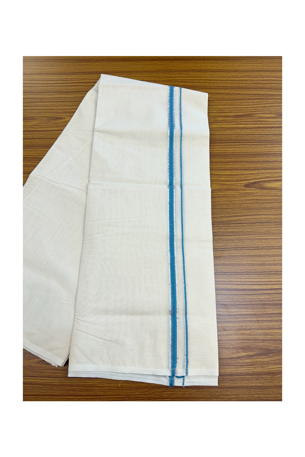 20% Discount KaithariKada Balaramapuram 100% Cotton Double Off white - (Unbleached) - Mundu/Dhoti - 100x100 - 1.5 cm Silver Kasav & Blue Design Kara - 11KK5226 ASH