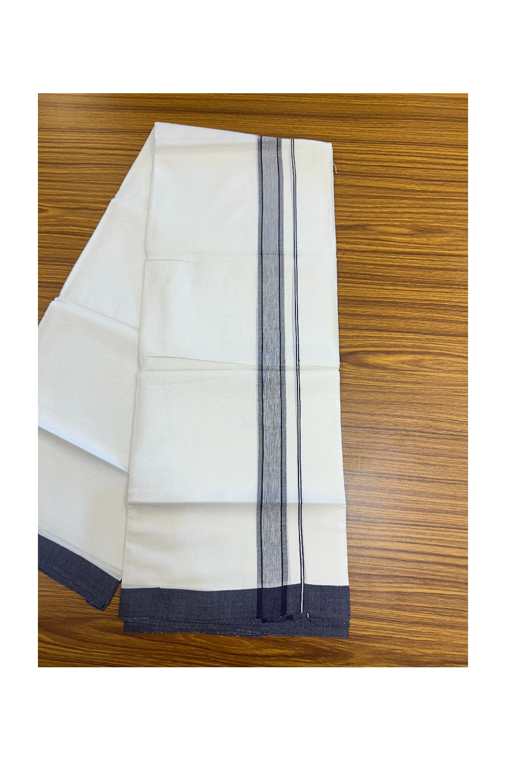 32% DISCOUNT! KaithariKada Balaramapuram 100% Cotton Double Pure white Mundu/Dhoti-( 60s ) - 1.25 inch Navy Blue Shaded Kara - 3.86mtr ( 8 muzham) - 11KK5227 PMC