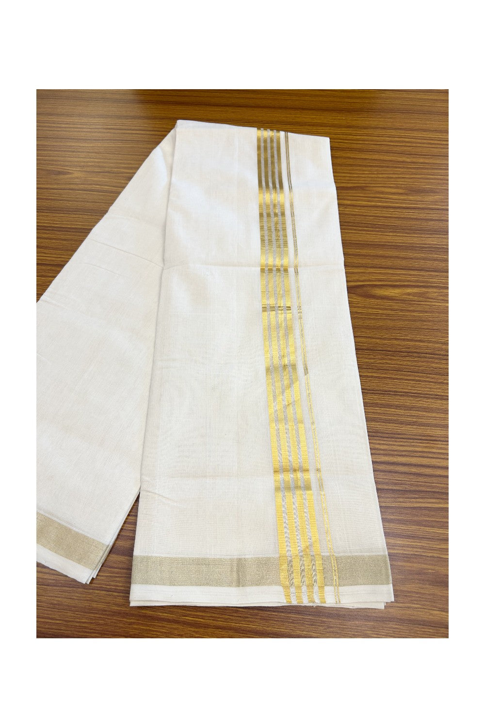 25% Discount!!! KaithariKada HANDLOOM UNAKKUPAAV Balaramapuram - 100% PURE Cotton OFF WHITE (Unbleached) Double Mundu/Dhoti - 80x90 - 3.5 cm Kasavu striped kara 3.85 Mtr (8 Muzham) - 11KK5235 YAR