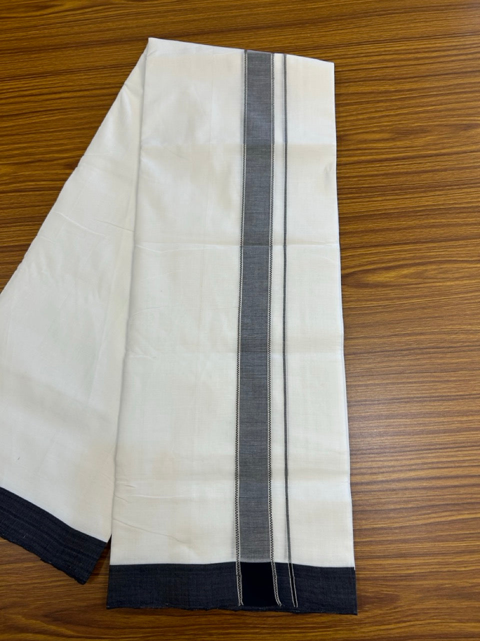 25% Discount!! NEW ULTRA PURE WHITE THREAD HANDLOOM Balaramapuram - 100% MERCERISED Cotton Double Mundu/Dhoti - 120 twisted warp x 80s weft - Navy Blue Silver Kasav Kara- 11KK5248 REA