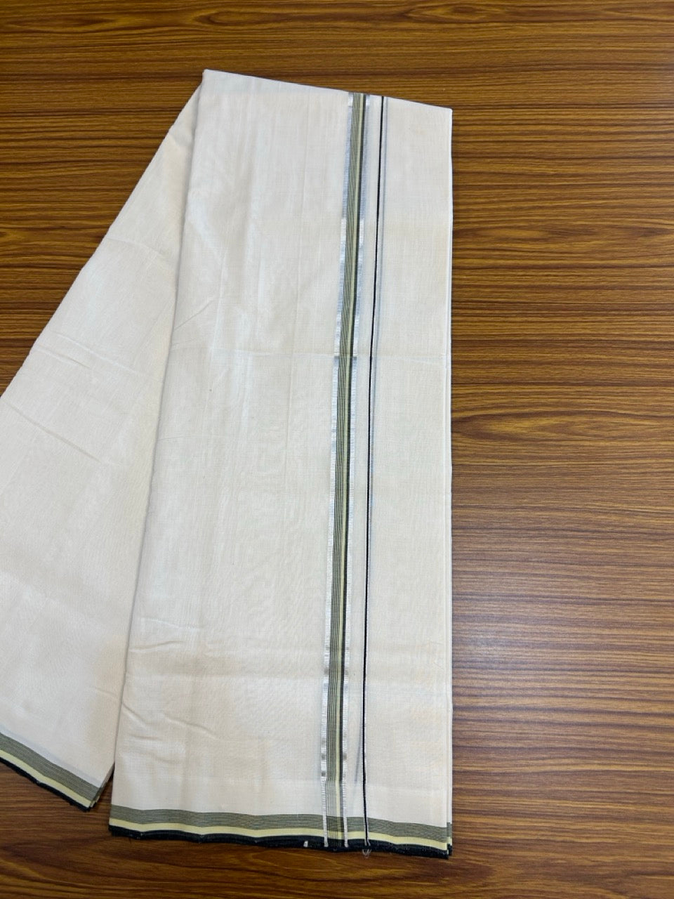 25% DISCOUNT!! KaithariKada HANDLOOM UNAKKUPAAV Balaramapuram - 100% PURE Cotton OFF White - (Unbleached) Double Mundu/Dothi - 120 x 100 - 0.75 inch Black & Light Green Silver Kasav Striped Kara 4 meter - 11 KK5249 REA