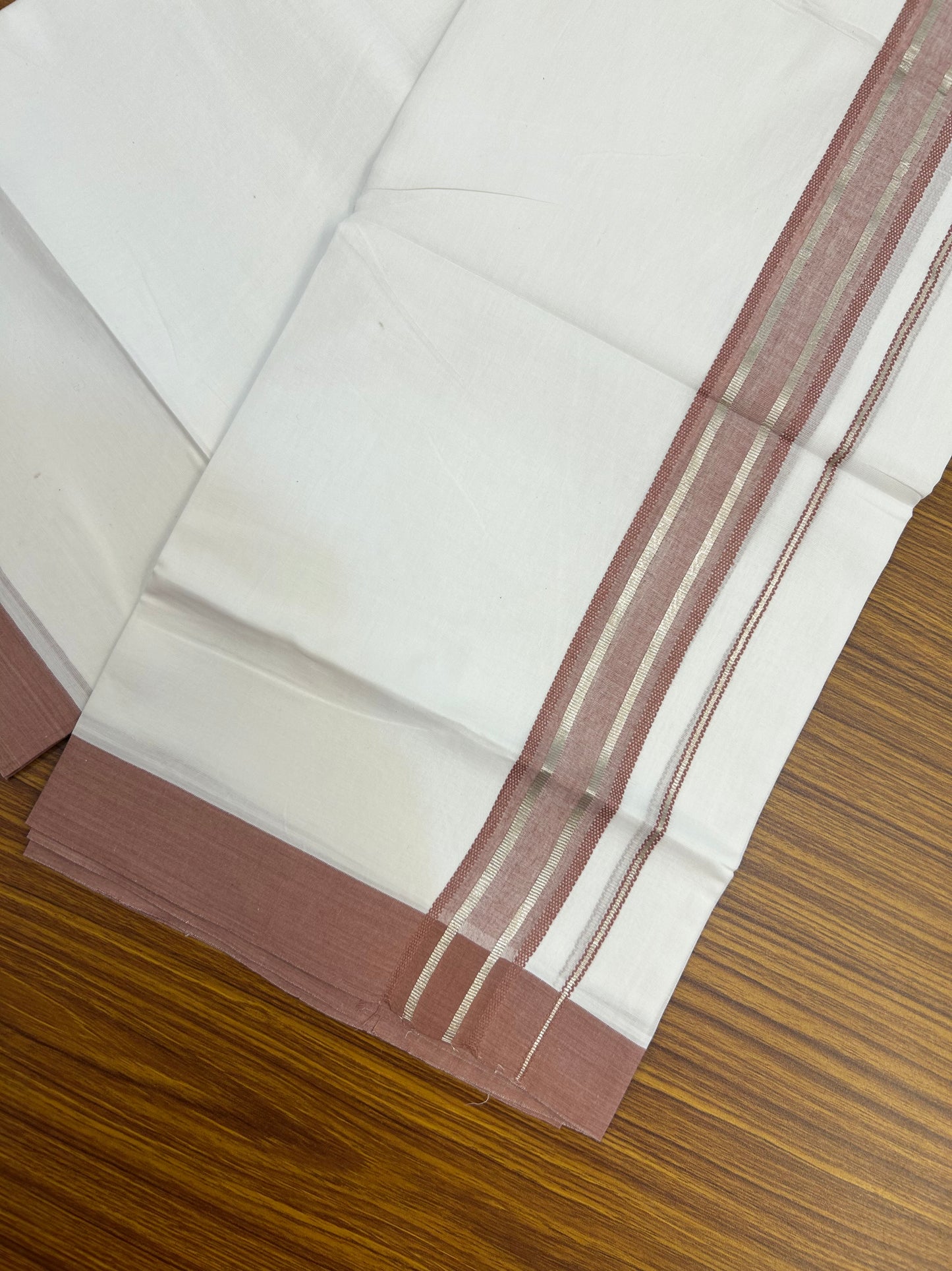 Short Dhoti Special - 28% Discount ! KaithariKada 100% Cotton Pure White Double Mundu / Dhoti - 100x80 - 45 inch Height 3.80 m Length 1.5 inch Brown Maroon Silver Kasav kara - 11 KK5258 THI