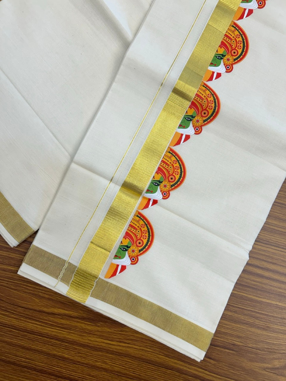 25% Discount!! KaithariKada Balaramapuram Mixed Cotton Double Off white - (Ubleached) Mundu/Dhoti - 80x72 - 1 inch Kasavu & Kathakali Printed Design Kara - 11 KK5262 MUT