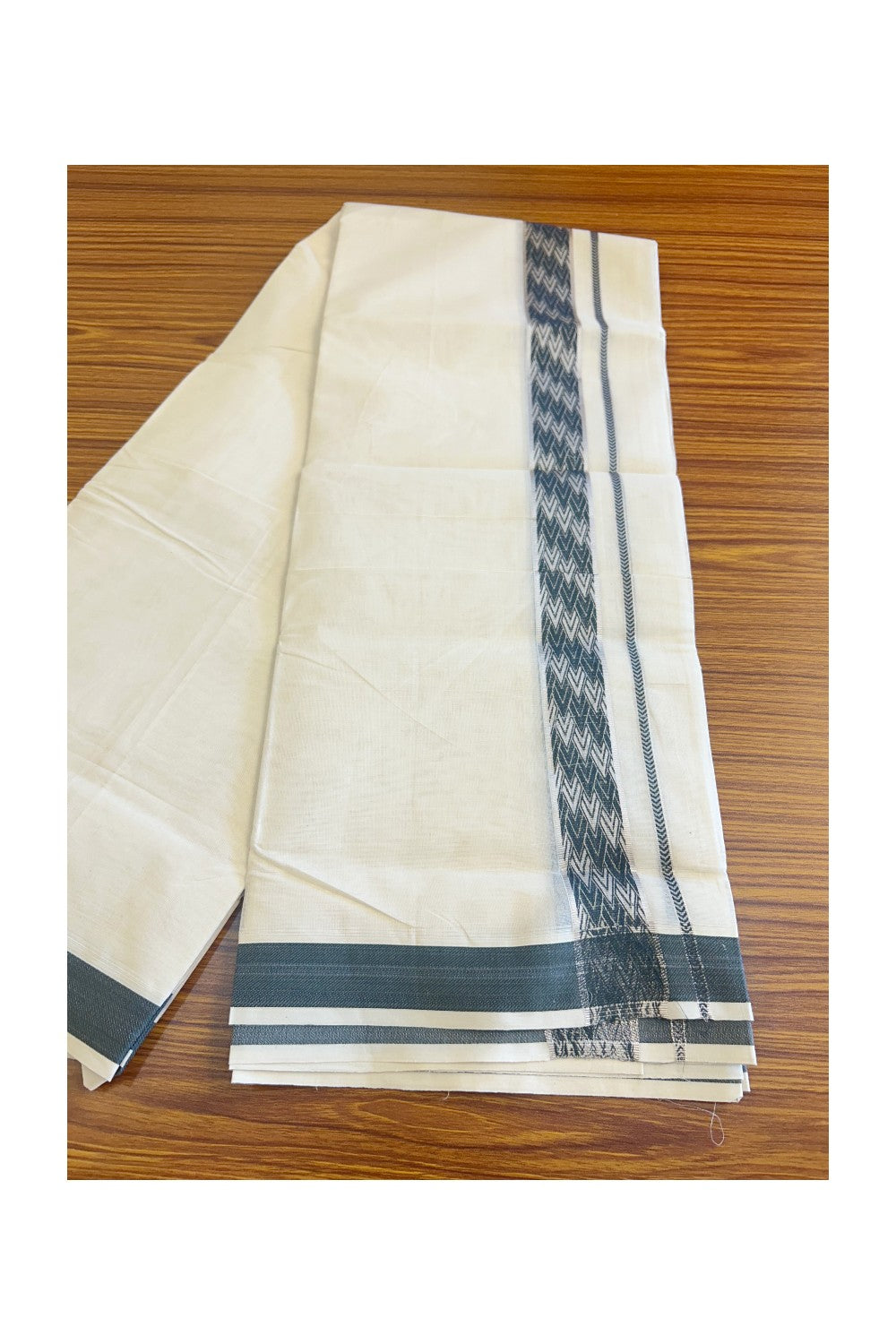 21% Discount! KaithariKada Balaramapuram 100% Cotton off white (Unbleached) Double Mundu/Dhoti - 100X100 Silver kasavu Dark green designer kara - 11KK78PMC
