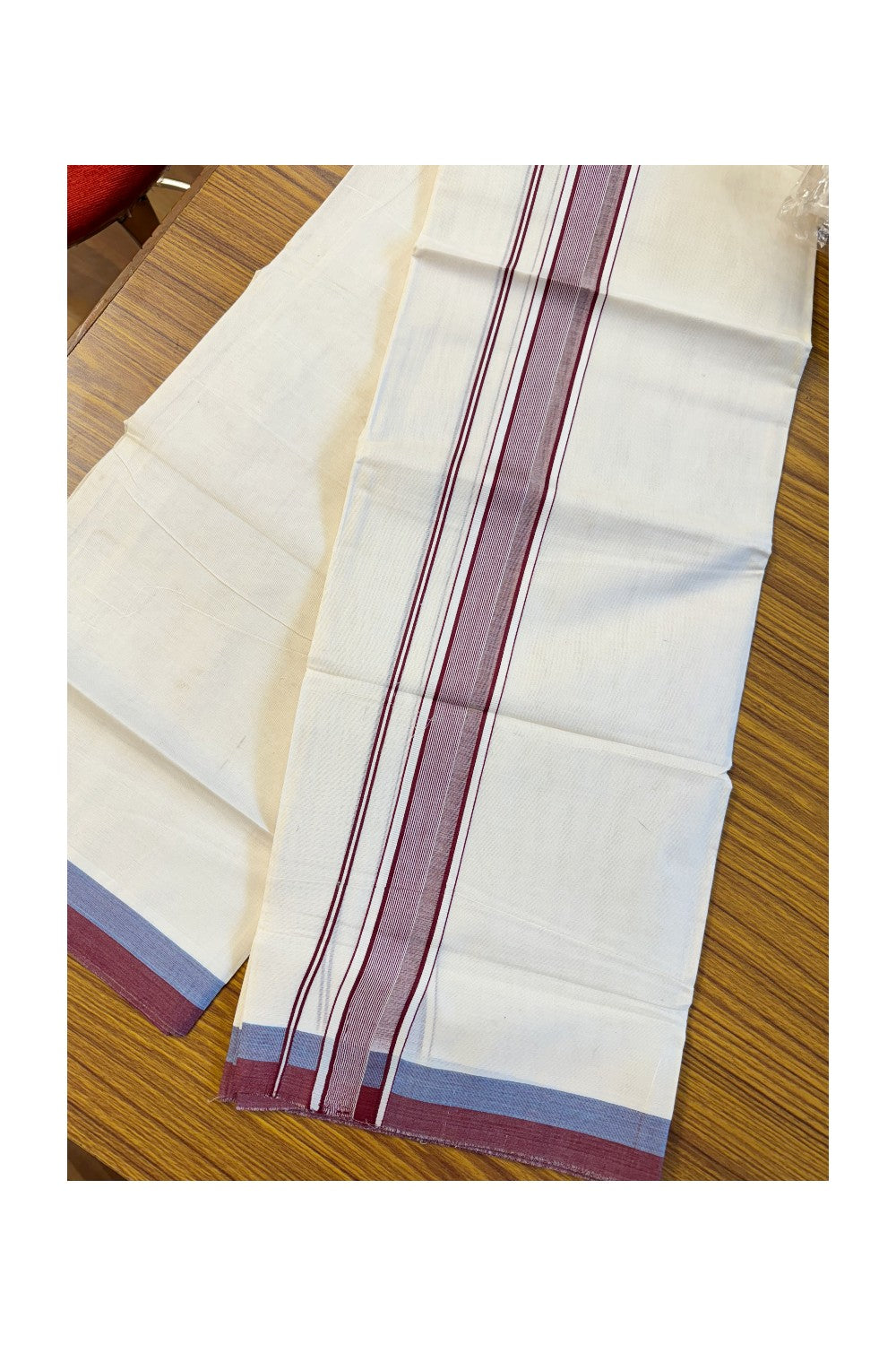 19% Discount! KaithariKada Balaramapuram 100%  Cotton off white Double - (Unbleached) Mundu/Dhoti - 100X100  Maroon shaded kara with side stripes - 11KK81VIN