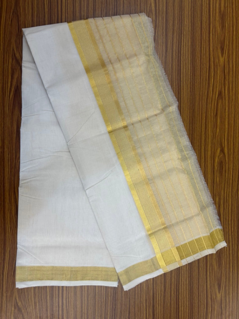 25% Discount ! KaithariKada Handloom Milpaav Balaramapuram - Pure Cotton Off White - (Unbleached) Double Mundu/Dhoti - (80X90s) - 7 inch Gold Kasav Striped & Half Tissue Kara - 101 KK5256 RAM