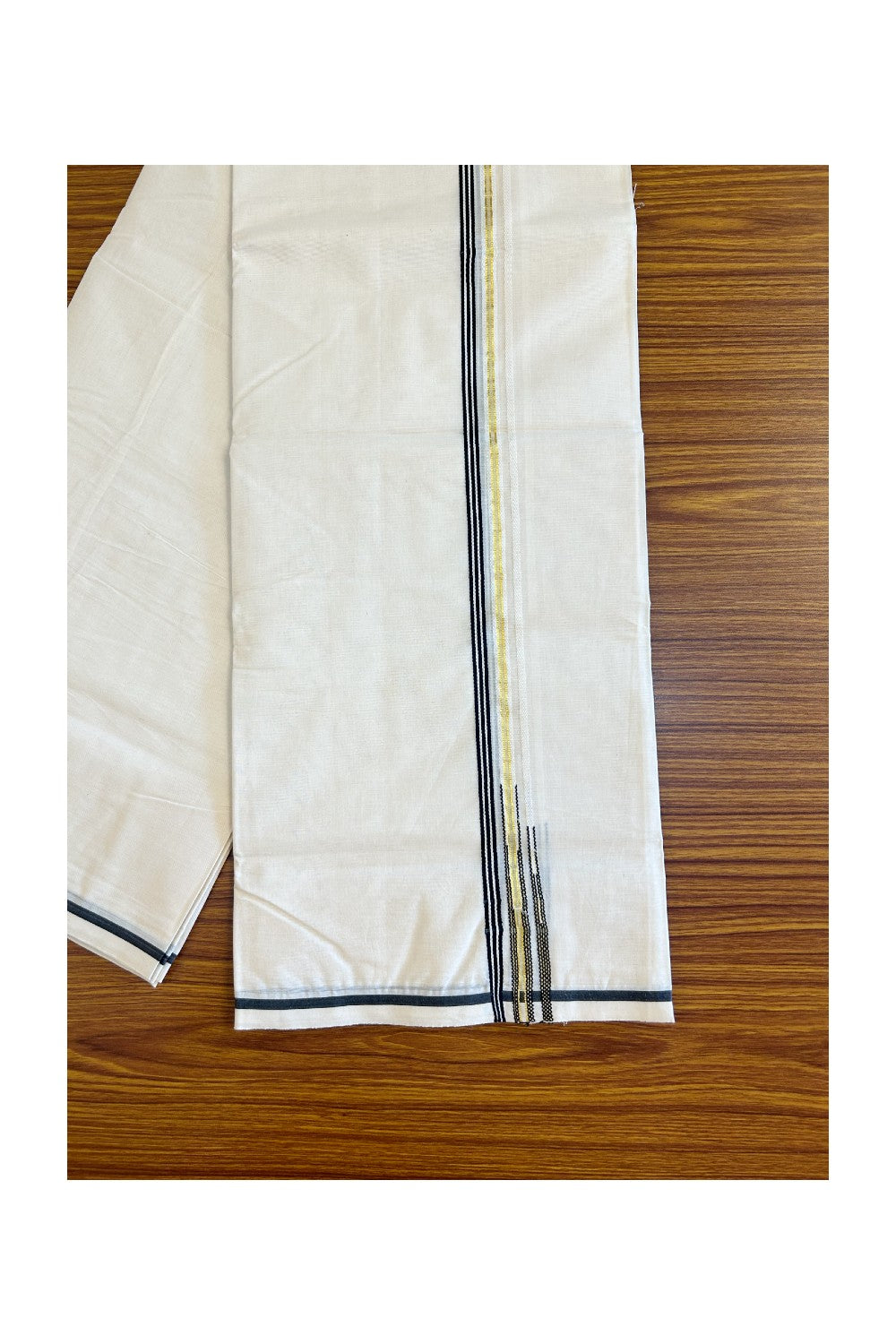 27% Discount Latest!! KaithariKada Balaramapuram 100% Cotton Off white (Unbleached) Double Mundu/Dhoti-100x100 1.cm Puliyilakkara Black Striped kara & Kasavu Double Chutty - 15KK455ASH