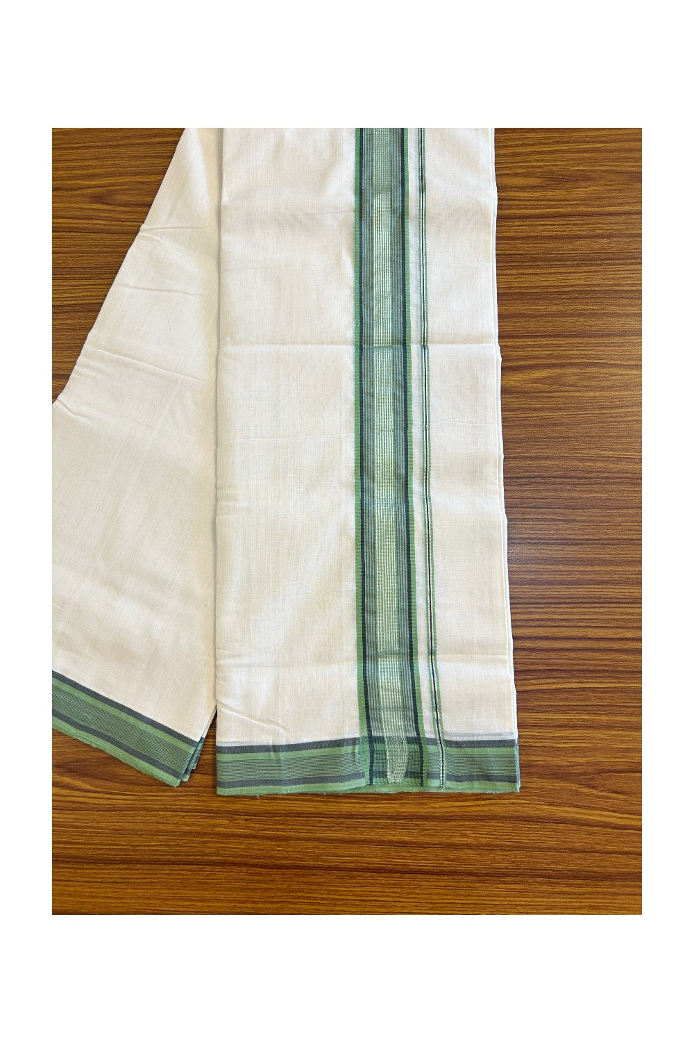 25% DISCOUNT!! KaithariKada HANDLOOM UNAKKUPAAV Balaramapuram - 100% PURE Cotton OFF White (Unbleached) Double Mundu/Dothi - Light green & Black silver striped kara - 11KK458SOM