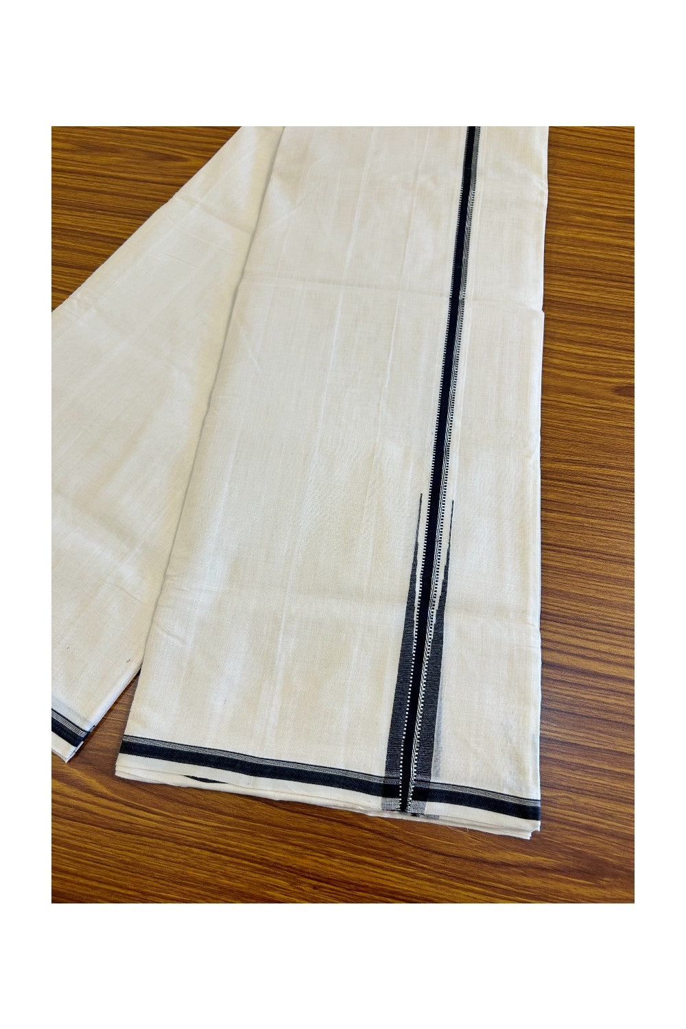 25% DISCOUNT!! KaithariKada HANDLOOM UNAKKUPAAV Balaramapuram - 100% PURE Cotton OFF White - (Unbleached) Double Mundu/Dothi - 2.5 cm Black & Silver side stripes puliyilakkara chutty - 11KK476RAM