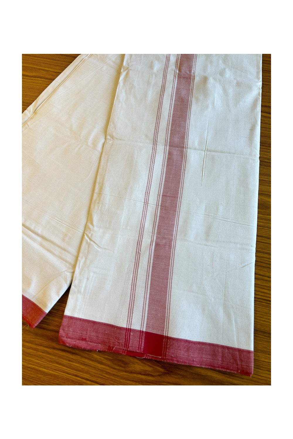 Kerala Handloom - Signature Kaitharikada - 25% Discount! - 100% Pure Cotton (80x80) Twisted Thread - Light White Single Mundu / Dhoti - 2.25 inch Red Striped Kara - 11KK478KAL