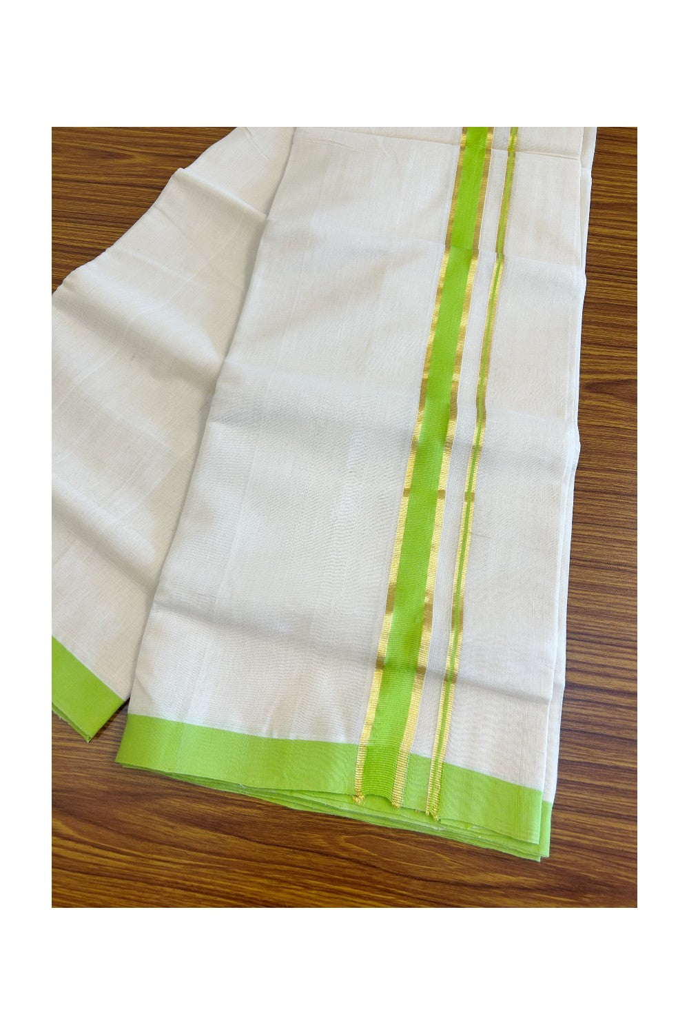 30% Discount KaithariKada HANDLOOM Unakkupaav Balaramapuram - 100% PURE Cotton Off White - (Unbleached) Double Mundu/Dhoti - 1.85 inch Kasavu & Light Green Kara- 11KK498KK