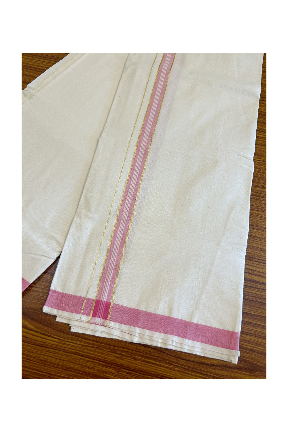 25% Discount KaithariKada 100% Cotton Balaramapuram HANDLOOM Single Mundu/Dhoti - Off White (Unbleached) 1.25 inch Kasavu & Pink Striped Kara (2 meter / 4 muzham) - 11KK499KK