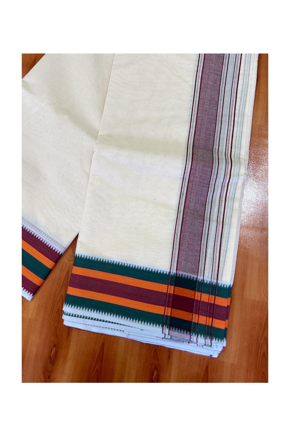 37% DISCOUNT! KaithariKada 100% Cotton Off White - (Unbleached) - Pure Cotton -100x100 thread - NORTH INDIAN - ATTACHED GAMCHA 10x6 Dhoti Maroon kara with Green Orange & Maroon border - 11KK5004PMC